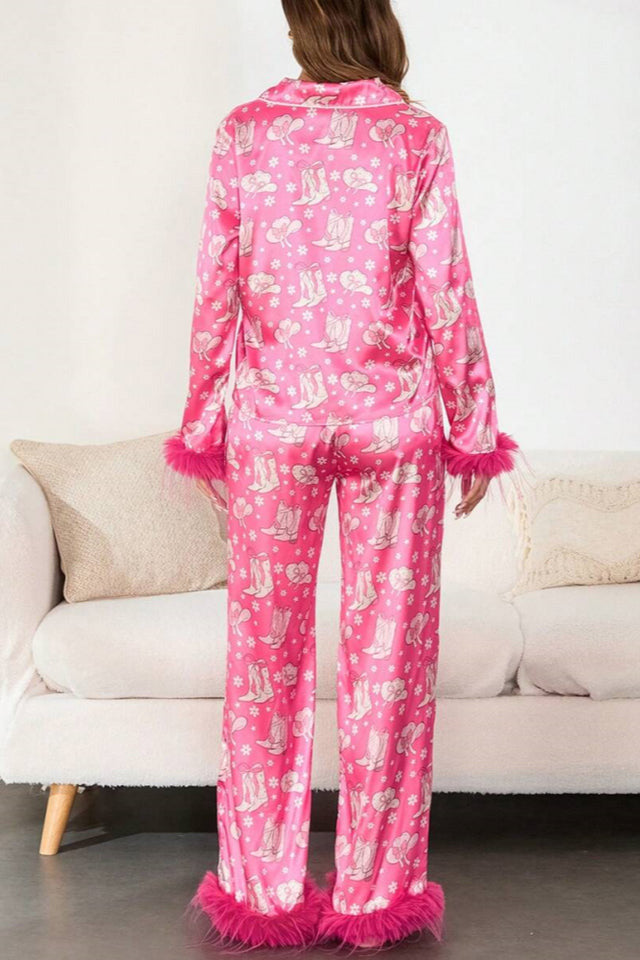 Amora™ Bot ve Tüy Desenli Saten Pijama Takımı