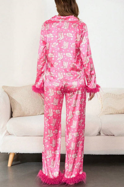 Amora™ Bot ve Tüy Desenli Saten Pijama Takımı