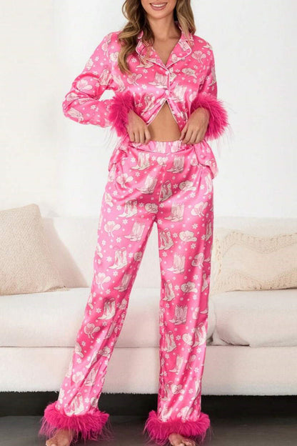 Amora™ Bot ve Tüy Desenli Saten Pijama Takımı