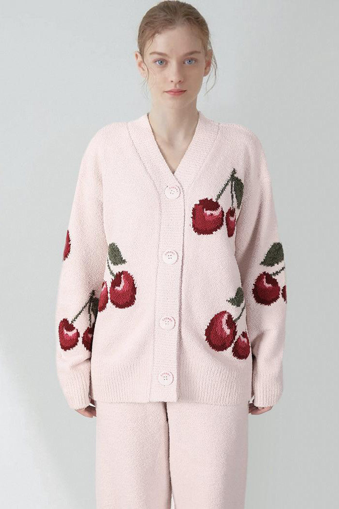 Amora™ Yumuşak Yarım Kadife Kiraz Hırka Pijama Takımı
