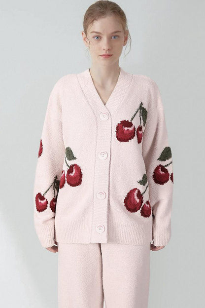 Amora™ Yumuşak Yarım Kadife Kiraz Hırka Pijama Takımı