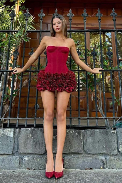 Amora™ Kırmızı 3D Çiçek Etek Seksi Bağcıklı Düşük Omuz Mini Elbise