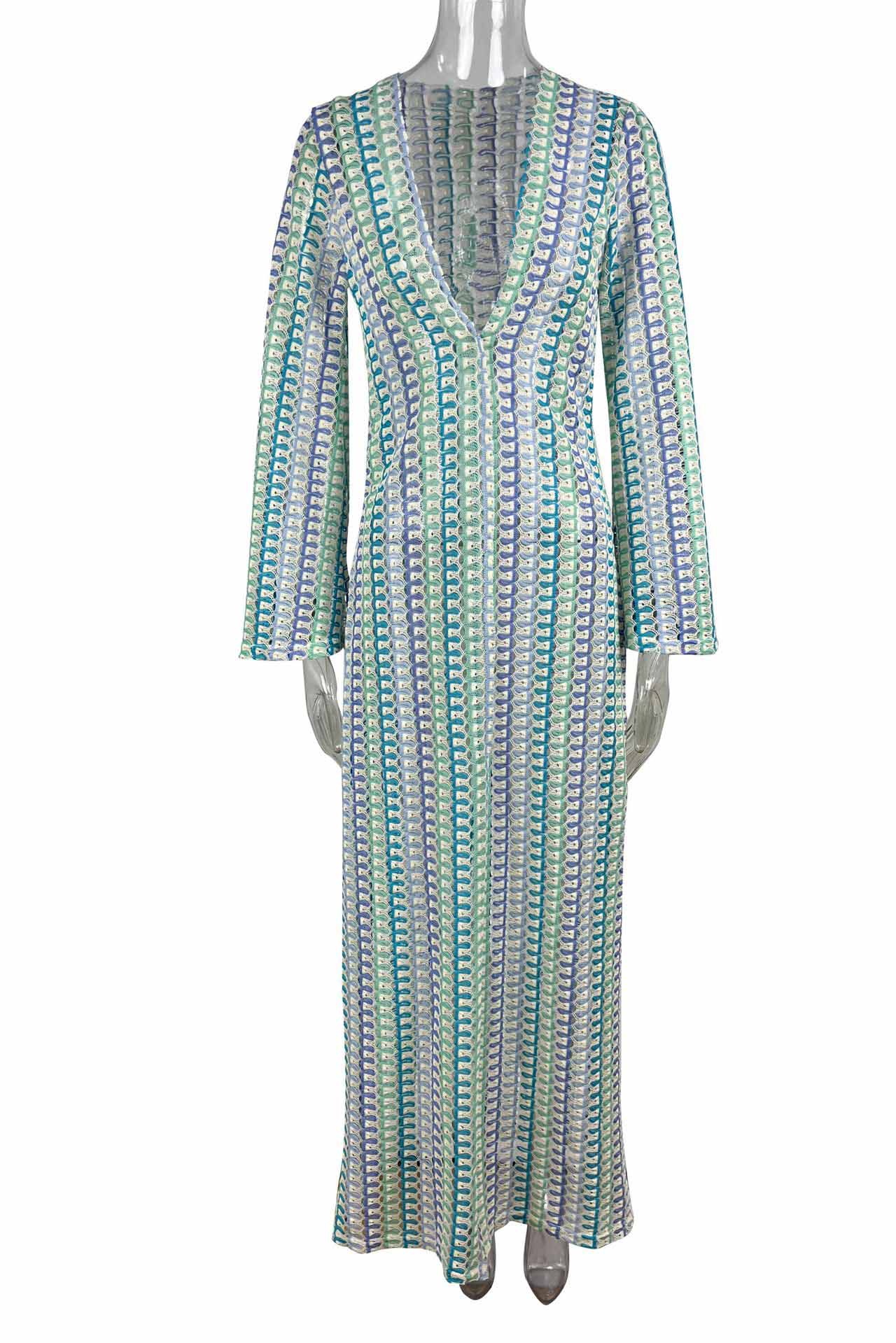 Amora™ Boho V Yaka Çan Kol Dalgalı Çizgili Tığ İşi Plaj Tatili Maxi Elbise