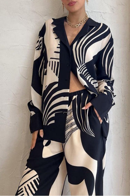 Amora™ Trendy Graffiti Baskı Gevşek Geniş Bacak Pantolon Takımı