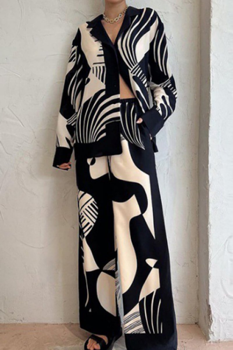 Amora™ Trendy Graffiti Baskı Gevşek Geniş Bacak Pantolon Takımı