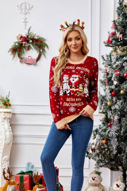 Amora™ Günlük Bisiklet Yaka İşlemeli Kazak – Noel Baba ve Penguen