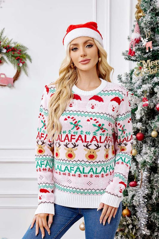 Amora™ Bol Kesim Yuvarlak Yaka Noel Karikatür Örgü Kazak - Pembe