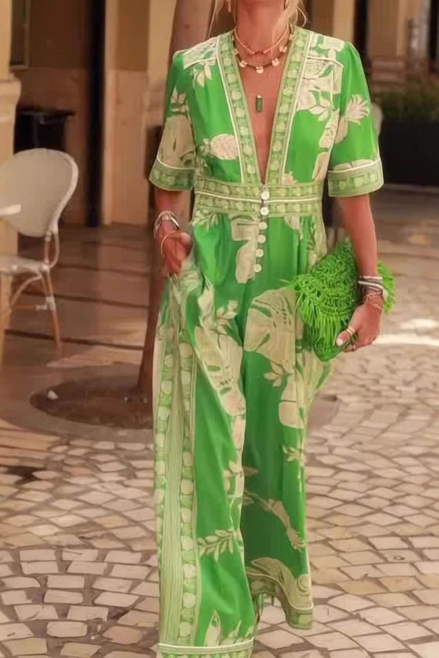 Amora™ Stylish V-Neck Printed Jumpsuit