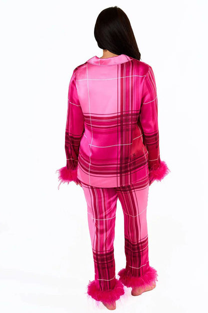 Amora™ Pembe Ekose Saten Pijama Takımı