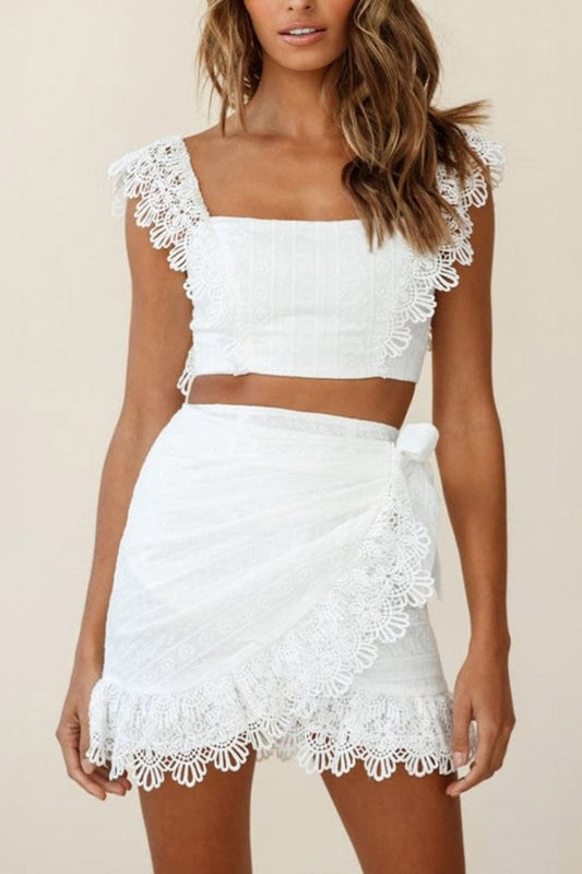 Amora™ Beyaz Sonnet Dantel Crop Top ve Etek Takım