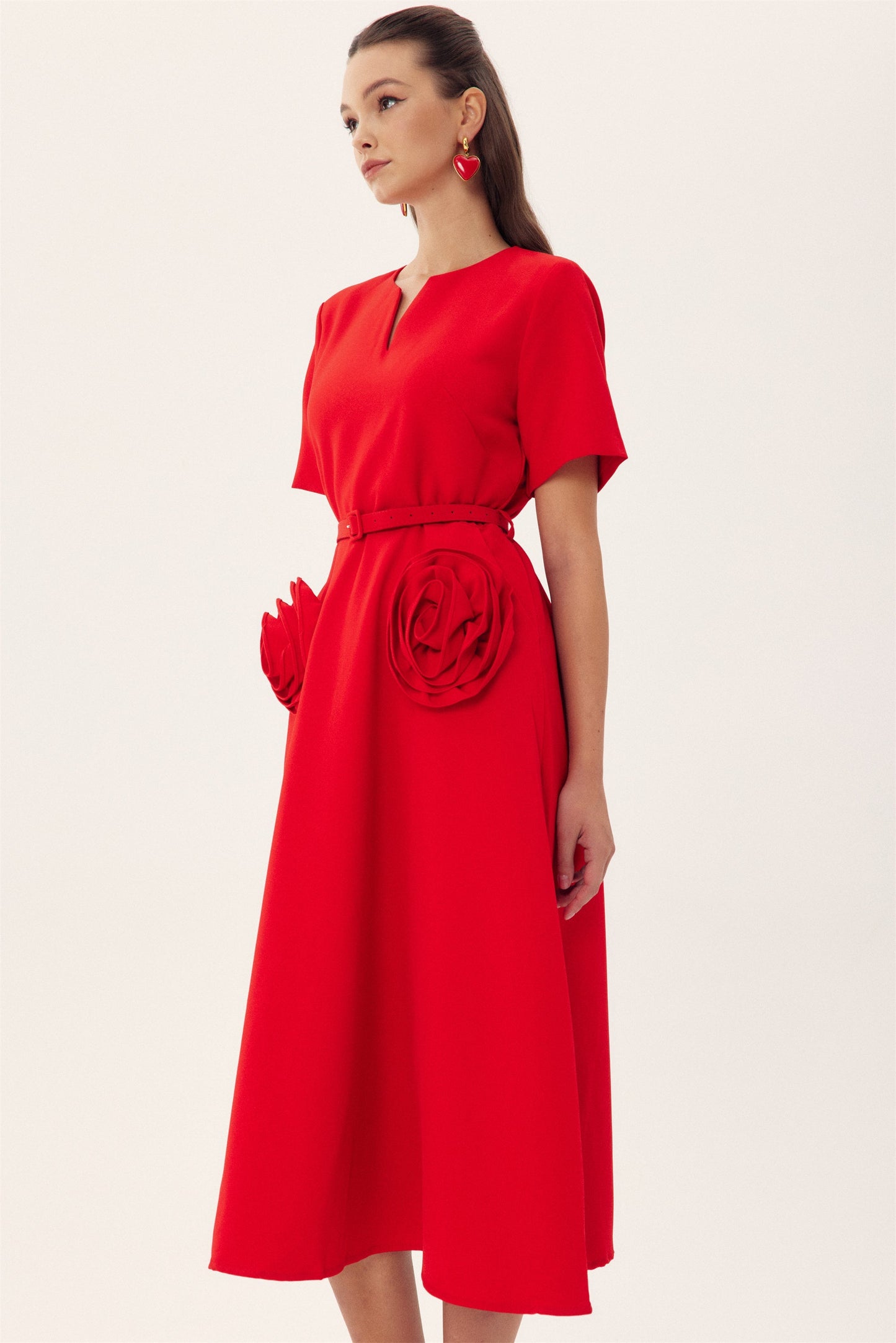 Amora™ Grace Floral Aplike Kısa Kollu Midi Elbise