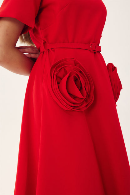Amora™ Grace Floral Aplike Kısa Kollu Midi Elbise