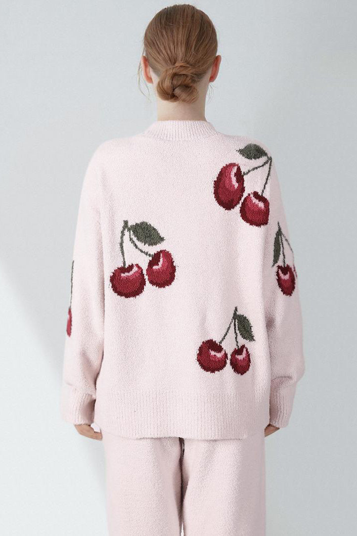 Amora™ Yumuşak Yarım Kadife Kiraz Hırka Pijama Takımı