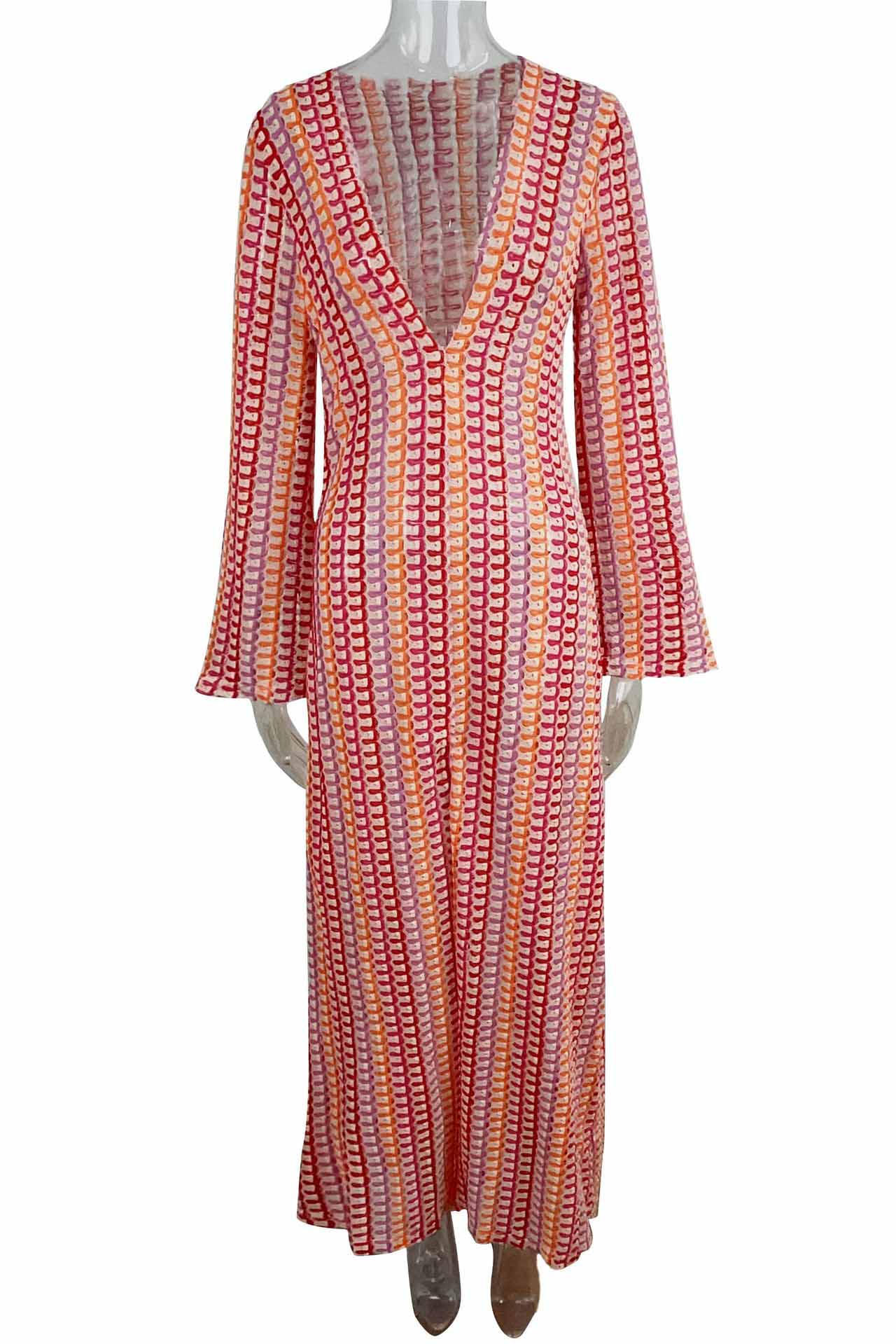 Amora™ Boho V Yaka Çan Kol Dalgalı Çizgili Tığ İşi Plaj Tatili Maxi Elbise