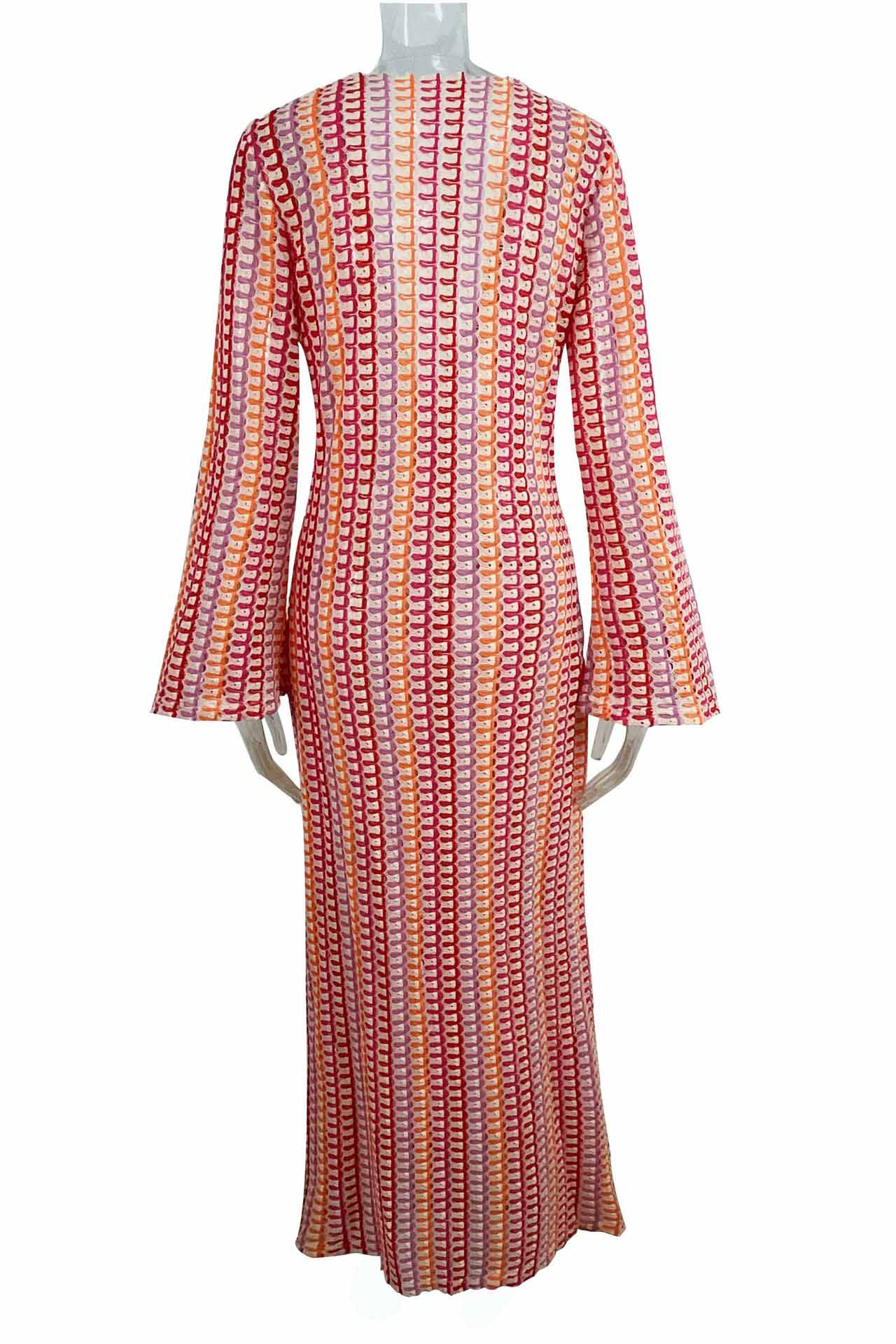 Amora™ Boho V Yaka Çan Kol Dalgalı Çizgili Tığ İşi Plaj Tatili Maxi Elbise