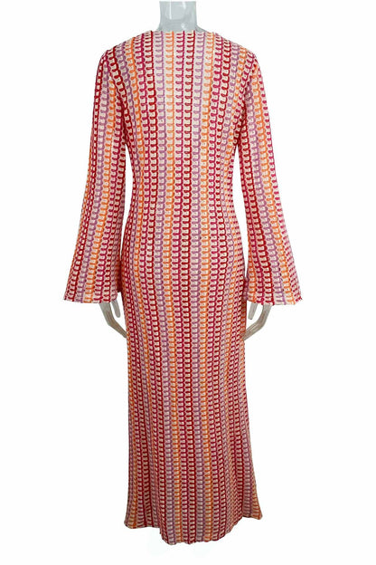 Amora™ Boho V Yaka Çan Kol Dalgalı Çizgili Tığ İşi Plaj Tatili Maxi Elbise