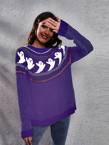 Amora™ Edebi Retro Hayalet Desenli Yuvarlak Yaka Örme Kazak
