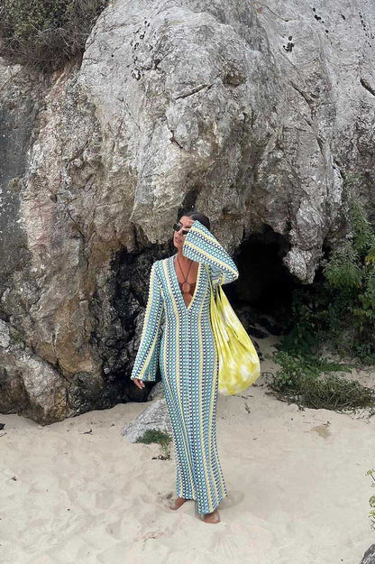 Amora™ Boho V Yaka Çan Kol Dalgalı Çizgili Tığ İşi Plaj Tatili Maxi Elbise