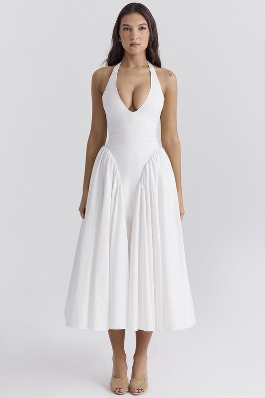 Amora™ Beyaz Pamuklu Boyundan Bağlamalı Midi Sundress