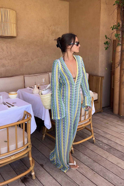 Amora™ Boho V Yaka Çan Kol Dalgalı Çizgili Tığ İşi Plaj Tatili Maxi Elbise