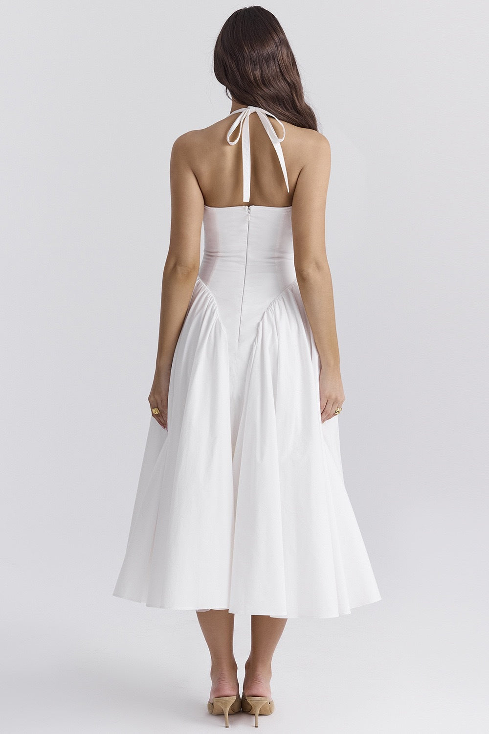 Amora™ Beyaz Pamuklu Boyundan Bağlamalı Midi Sundress
