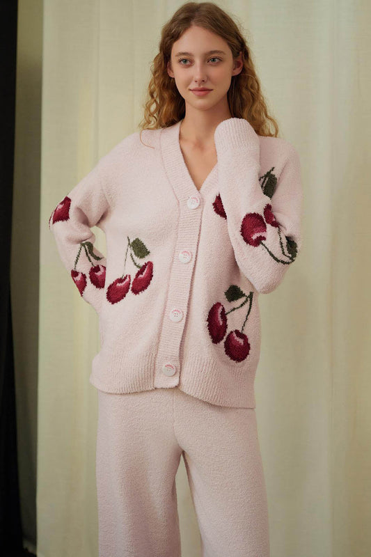 Amora™ Yumuşak Yarım Kadife Kiraz Hırka Pijama Takımı