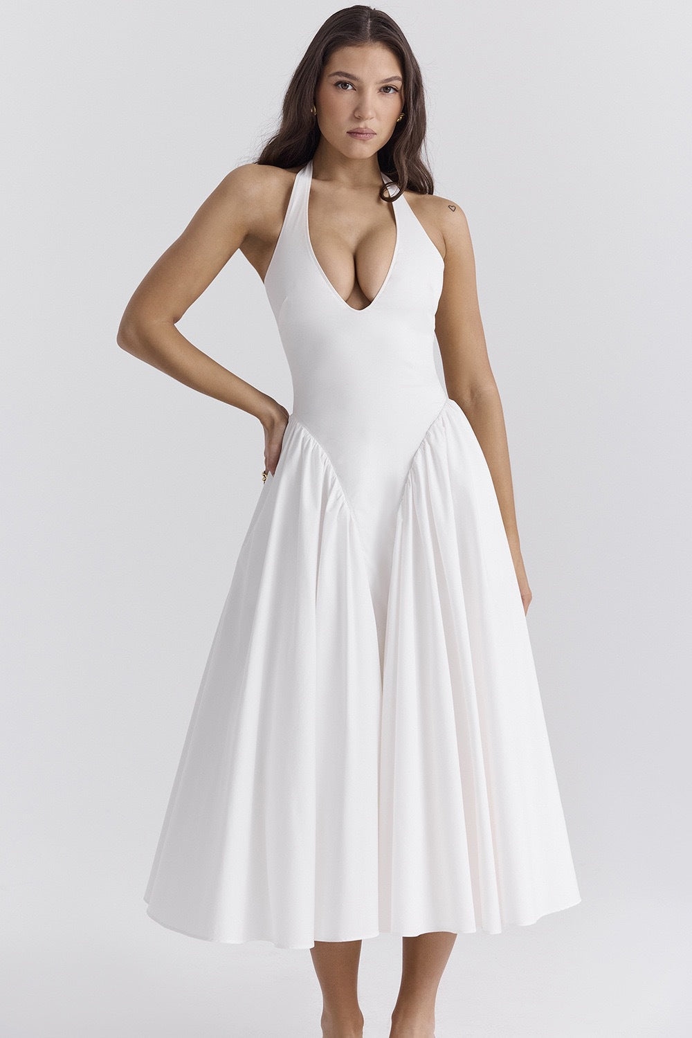 Amora™ Beyaz Pamuklu Boyundan Bağlamalı Midi Sundress