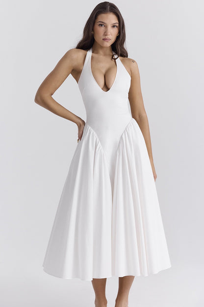 Amora™ Beyaz Pamuklu Boyundan Bağlamalı Midi Sundress