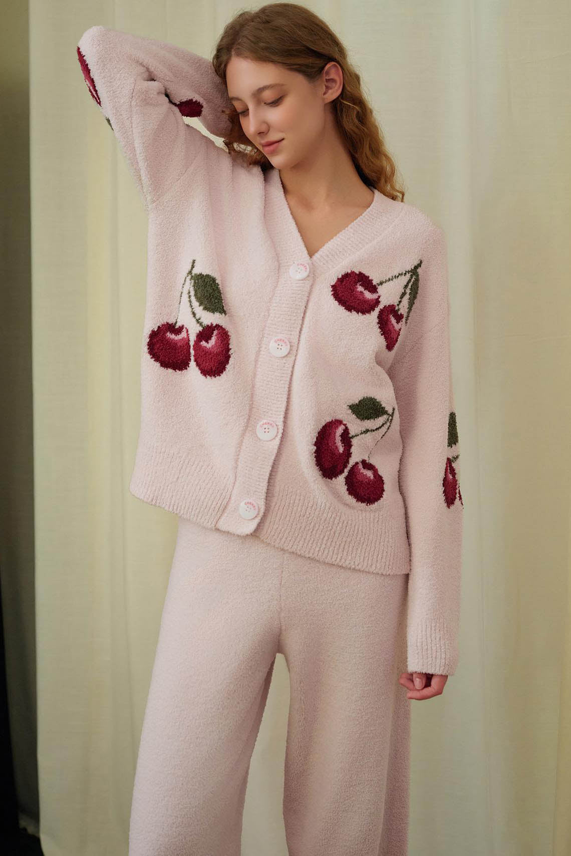 Amora™ Yumuşak Yarım Kadife Kiraz Hırka Pijama Takımı