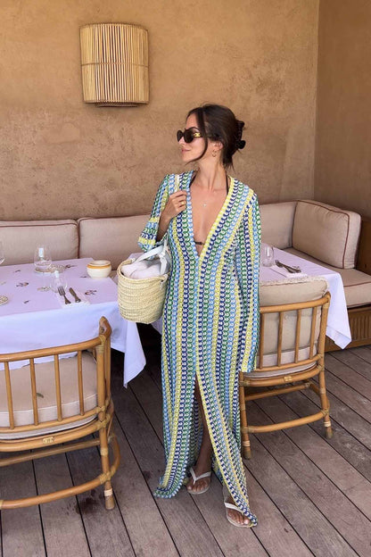 Amora™ Boho V Yaka Çan Kol Dalgalı Çizgili Tığ İşi Plaj Tatili Maxi Elbise
