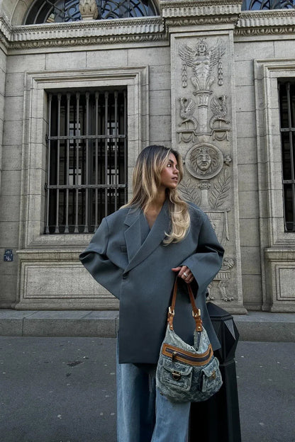 Amora™ Büyük Boy Yan Yırtmaçlı Blazer Çelik Mavi