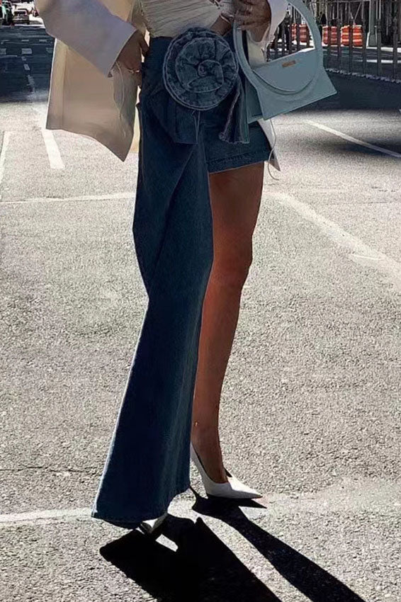 Amora™ 3D Güllerle Denim Mini Etek