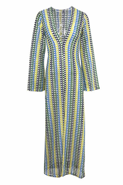 Amora™ Boho V Yaka Çan Kol Dalgalı Çizgili Tığ İşi Plaj Tatili Maxi Elbise