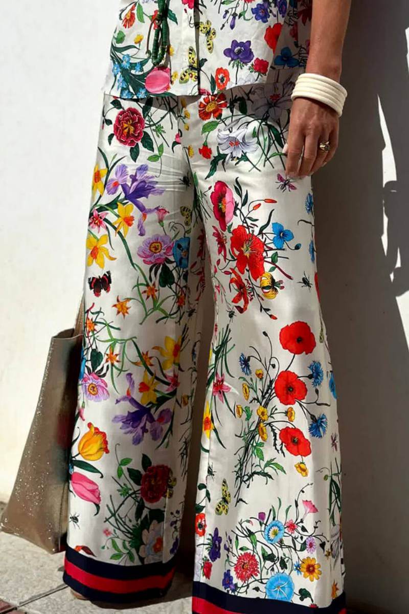 Amora™ Çiçek Benzersiz Baskı Beli Lastikli Cepli Geniş Paça Pantolon-Takım