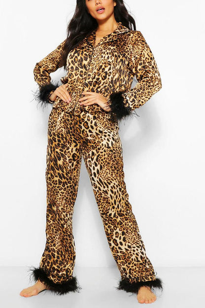 Amora™ Leopar Desenli Saten Pijama Takımı