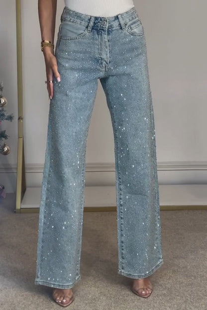 Amora™ Yüksek Bel Kristal Düz Paça Kot Pantolon