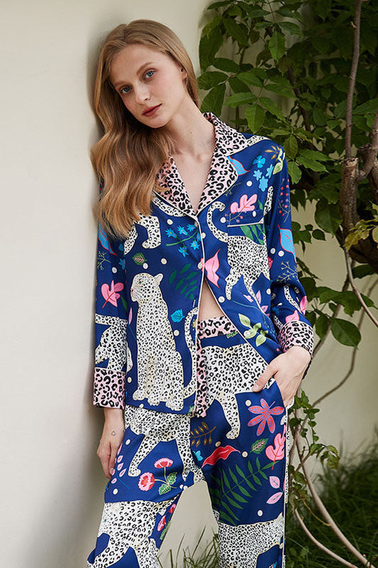 Amora™ Mavi Kar Leoparı Desenli Pijama Takımı