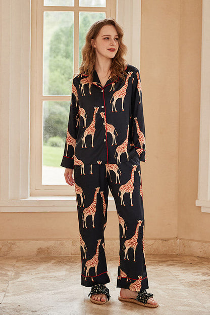 Amora™ Siyah Zürafa Desenli Uzun Kollu Pijama Takımı