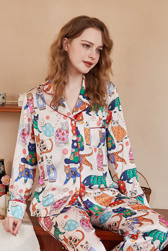 Amora™ Şirin Kedi Desenli Buz İpeği Uzun Kollu Pijama Takımı