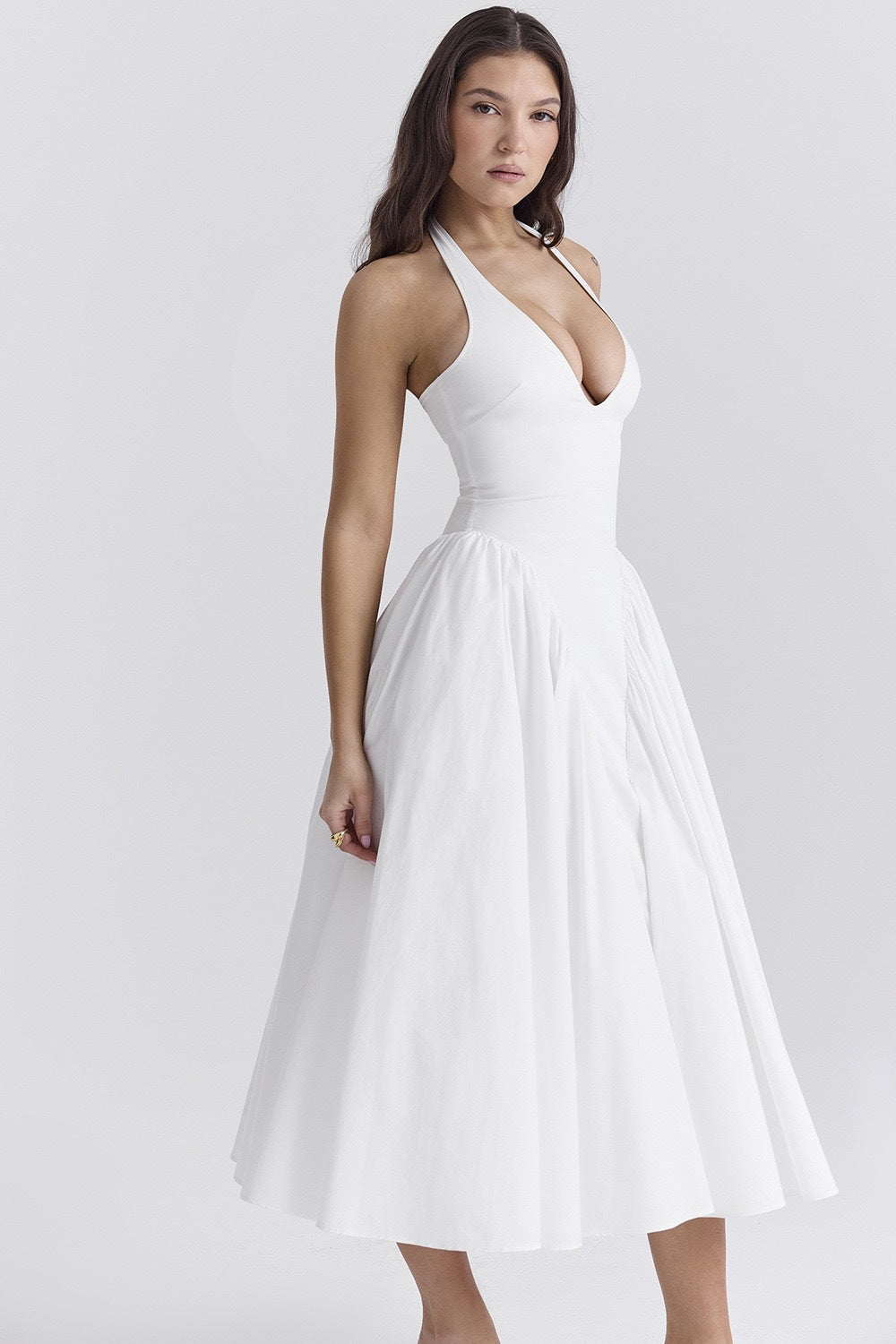 Amora™ Beyaz Pamuklu Boyundan Bağlamalı Midi Sundress