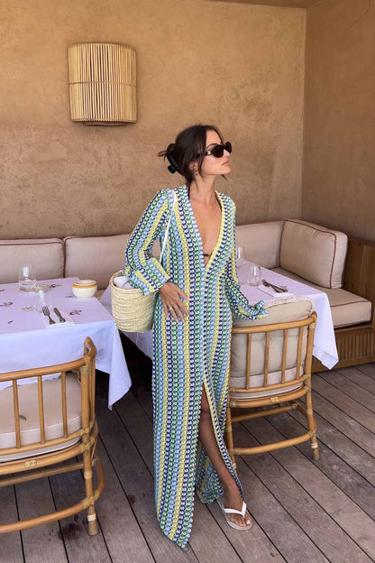 Amora™ Boho V Yaka Çan Kol Dalgalı Çizgili Tığ İşi Plaj Tatili Maxi Elbise