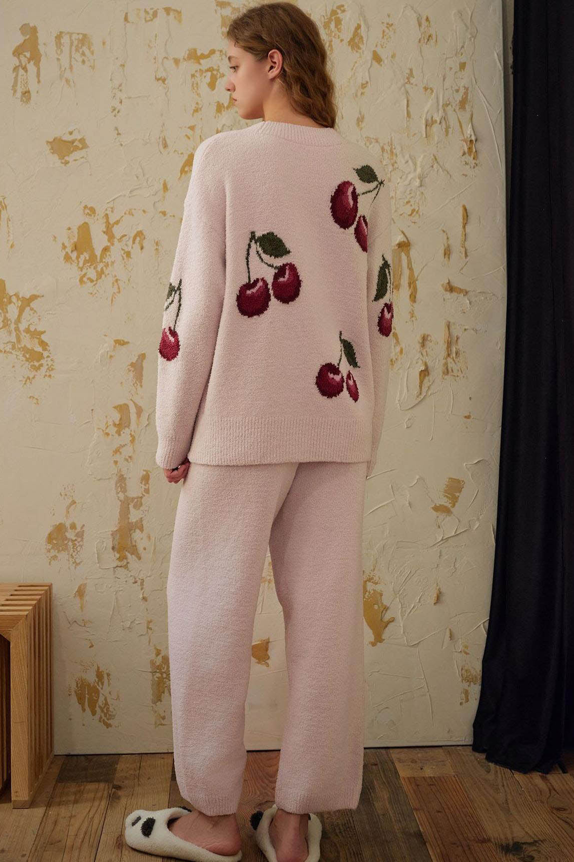 Amora™ Yumuşak Yarım Kadife Kiraz Hırka Pijama Takımı