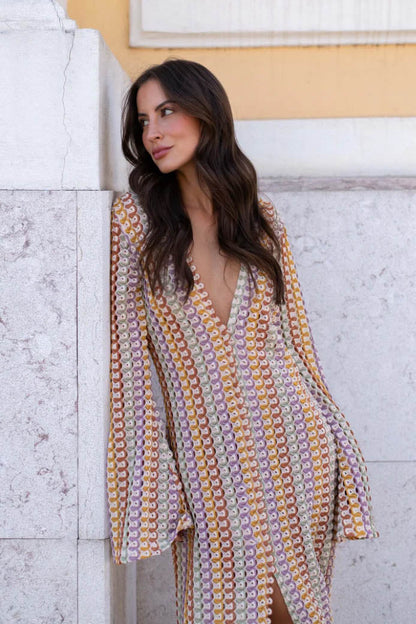 Amora™ Boho V Yaka Çan Kol Dalgalı Çizgili Tığ İşi Plaj Tatili Maxi Elbise