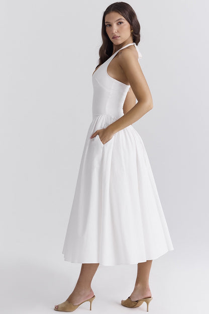 Amora™ Beyaz Pamuklu Boyundan Bağlamalı Midi Sundress