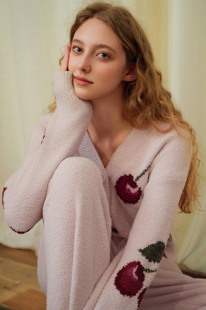 Amora™ Yumuşak Yarım Kadife Kiraz Hırka Pijama Takımı