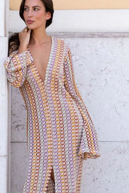 Amora™ Boho V Yaka Çan Kol Dalgalı Çizgili Tığ İşi Plaj Tatili Maxi Elbise