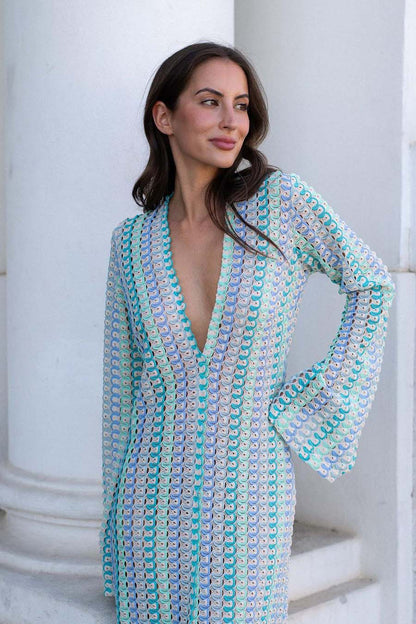 Amora™ Boho V Yaka Çan Kol Dalgalı Çizgili Tığ İşi Plaj Tatili Maxi Elbise