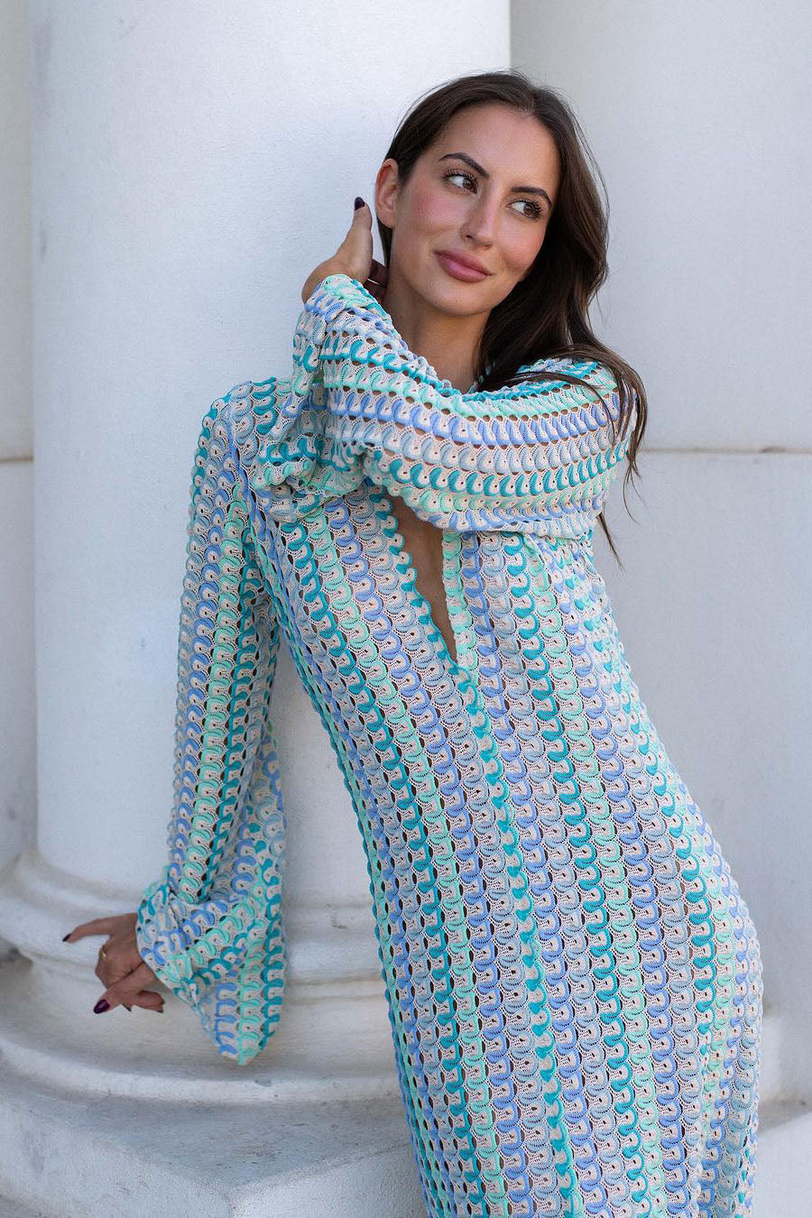 Amora™ Boho V Yaka Çan Kol Dalgalı Çizgili Tığ İşi Plaj Tatili Maxi Elbise
