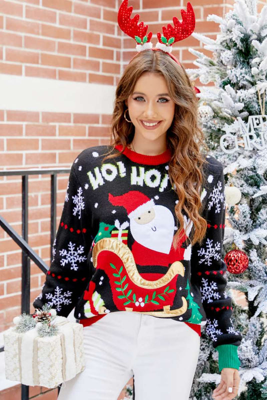 Amora™ Yuvarlak Yaka Rahat İşlemeli Noel Baba Kazak