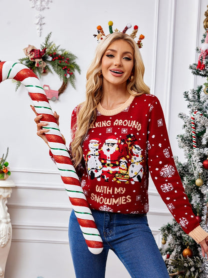 Amora™ Günlük Bisiklet Yaka İşlemeli Kazak – Noel Baba ve Penguen